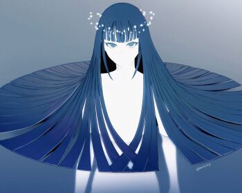 1other blue_eyes blue_hair blunt_bangs blunt_ends colored_eyelashes gradient_background highres houseki_no_kuni lapis_lazuli_(houseki_no_kuni) long_hair looking_at_viewer mt5_014 no_mouth other_focus solo twitter_username upper_body