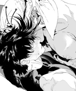 2boys adam&#039;s_apple bare_shoulders battle_tendency blush commentary_request covered_eyes earrings fingernails hair_over_eyes hand_on_another&#039;s_head highres jewelry jojo_no_kimyou_na_bouken joseph_joestar joseph_joestar_(young) male_focus mgong520 multiple_boys nipples parted_lips pectorals piercing profile shirt sleeveless sleeveless_shirt sweat topless_male turban upper_body veins wamuu yaoi
