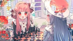Rule 34 | 2girls, absurdres, alternate costume, black sleeves, blue hair, blunt bangs, blush, board game, bookshelf, bow, bug, butterfly, chess, collared dress, commentary request, commission, dress, food-themed hat, furrowed brow, hair bow, hair ornament, hat, highres, holding chess piece, indoors, insect, kotonoha akane, kotonoha aoi, long hair, long sleeves, looking at another, multiple girls, multiple hair bows, mushroom, open mouth, own hands clasped, own hands together, oyasumi makura, pink hair, playing chess, profile, rabbit hair ornament, raised eyebrows, red bow, red dress, red eyes, siblings, sidelocks, sisters, skeb commission, striped bow, top hat, upper body, voiceroid, window, you&#039;re doing it wrong