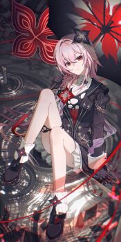 1girl arm_support black_background black_boots black_flower black_gloves black_jacket black_liquid black_umbrella boots breasts candle closed_mouth commentary crossed_bangs evernight_(honkai:_star_rail) flower fold-over_boots full_body gleam_lin_shi gloves hair_between_eyes hair_flower hair_intakes hair_ornament hairclip half-jacket head_tilt highres holding holding_umbrella honkai:_star_rail honkai_(series) jacket knees_up legs light_smile liquid long_hair long_sleeves looking_at_viewer march_7th_(honkai:_star_rail) on_ground parallel_hairclips pink_hair red_eyes red_flower red_ribbon ribbon ripples shirt sidelocks single_bare_shoulder sitting solo string thighs umbrella water white_shirt white_trim white_wrist_cuffs wing_collar wrist_cuffs