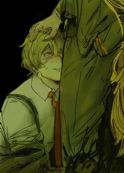 1girl blonde_hair blush clowninfinite collared_shirt commentary english_commentary hand_on_another's_head height_difference highres ishmael_(project_moon) kneeling limbus_company long_hair necktie orange_hair project_moon red_necktie shirt short_hair sinclair_(project_moon) suspenders sweat white_shirt