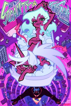 2girls aqua_hair ass blue_hair colored_skin fang glasses green_eyes highres horns kneesocks_(psg) long_hair multiple_girls nude ontama panty_&amp;_stocking_with_garterbelt red_skin scanty_(psg) single_horn soap_bubbles tail