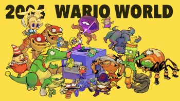 1girl 6+boys :o arm_cannon arm_up arms_up bandaid beard bicorne bikini black_jewel blonde_hair blue_eyes blue_headwear bow bowtie brawl_doll brown_footwear brown_hair bug cable cane cape captain_skull claws clenched_hands clenched_teeth clown-a-round colored_skin commentary controller copyright_name crossed_bandaids dated detached_wings dinomighty doll dragon drill_hair dual_dragon english_commentary facial_hair feathered_wings game_console game_controller gamecube gamecube_controller gem gloves green_footwear green_headwear green_jacket green_skin greenfist grin halo hat highres holding holding_cane hooves horns ironsider jacket leg_up lips looking_at_another mario_(series) mean_emcee multiple_boys mustache nintendo one-eyed open_mouth overalls pants pirate_hat pointy_ears purple_eyes purple_gemstone purple_headwear purple_overalls purple_pants red-brief_j red_bikini red_bow red_bowtie red_cape red_headwear red_lips rinabee_(rinabele0120) sandworm_(wario_world) sharp_teeth shirt shoes short_hair short_sleeves simple_background skull_print smile spider spideraticus spikes spriteling standing standing_on_one_leg star_(symbol) star_halo striped_clothes striped_headwear swimsuit t-shirt teeth tentacles tongue top_hat torn_cape torn_clothes wario wario_land wario_world weapon white_gloves white_headwear white_wings wings winter_windster yellow_background yellow_headwear yellow_horns yellow_pants yellow_shirt