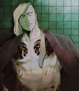 1boy abs bald bare_pectorals blood blood_on_face character_request check_character highres looking_at_viewer male_focus mature_male muscular muscular_male pectorals ryuu_ga_gotoku_(series) ryuu_ga_gotoku_0 sera_masaru solo strongman_waist taketaro_(ta_ryu0806) tile_wall tiles unamused upper_body