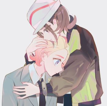 1boy 1girl alternate_costume black_necktie blonde_hair blue_eyes bracelet brown_eyes brown_hair closed_mouth collared_shirt commentary green_jacket grey_jacket harmony_(pokemon) hat hug jacket jewelry long_sleeves necktie nintendo pokemon pokemon_legends:_z-a shirt simple_background symbol-only_commentary tyou08665851 urbain_(pokemon) white_background white_hat