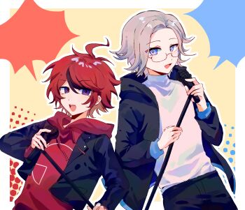 Rule 34 | 2boys, :d, ahoge, aotsuki eito, black jacket, black pants, black streaks, blue eyes, chinese commentary, commentary request, cropped jacket, glasses, grey hair, gryzo, highres, holding, holding microphone, holding microphone stand, hood, hoodie, jacket, jacket over hoodie, looking at viewer, male focus, microphone, microphone stand, multicolored hair, multiple boys, official alternate costume, open mouth, outline, pants, purple eyes, red hair, red hoodie, ringed eyes, shirt, short hair, smile, streaked hair, sumino takumi, the hundred line -last defense academy-, tower records, white outline, white shirt