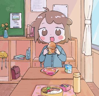 1girl 1nupool :3 ? ^_^ ahoge animal animated animated_gif bag bento blinking blue_cardigan blush_stickers bone book bow bowtie bread bread_bun briefcase brown_eyes brown_hair cardigan carrot_print chair chalkboard cherry_tomato classroom closed_eyes curtains desk dog dot_nose drawing drawstring drawstring_bag drink drink_carton drinking_straw eating flower food food_in_mouth food_print hair_behind_ear hair_flaps hands_up holding holding_food imagining long_sleeves looking_at_viewer looping_animation meal meat milk milk_carton omelet on_chair open_mouth original paper pouch pov_across_table red_bow red_bowtie rice school school_briefcase school_chair school_desk school_uniform shelf short_hair sidelighting sitting solo speech_bubble sunlight swept_bangs tamagoyaki thermos thought_bubble tomato transparent unworn_bag upper_body vase w_arms window wooden_floor yellow_bag yellow_flower