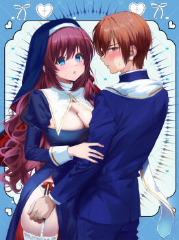 1boy 1girl a-chan_(little_busters!) absurdres alternate_costume averting_eyes blue_background blue_dress blue_eyes blue_jacket blue_pants blue_veil blush breasts brown_eyes brown_hair cleavage cleavage_cutout clothing_cutout commentary_request cowboy_shot curvy dress embarrassed eyelashes fingernails garter_belt garter_straps hair_between_eyes heart hetero highres hug jacket juliet_sleeves large_breasts little_busters! long_hair long_sleeves looking_at_another looking_to_the_side miiizuno_lbs natsume_kyousuke nun pants priest puffy_sleeves purple_hair red_ribbon ribbon short_hair side_slit simple_background straight_hair sweatdrop tareme thighhighs tsurime veil very_long_hair wavy_hair white_thighhighs