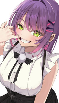 1girl absurdres aoba_takeru black_skirt breasts cheek_pull commentary_request ear_piercing green_eyes hair_ornament hairclip high-waist_skirt highres hololive jirai_kei long_hair looking_at_viewer multicolored_hair official_alternate_costume piercing pink_hair purple_hair shirt skirt sleeveless sleeveless_shirt solo suspender_skirt suspenders tail tail_ornament tail_piercing teeth tokoyami_towa tokoyami_towa_(jirai_kei) virtual_youtuber white_shirt
