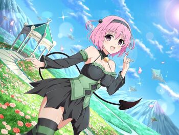 1girl black_dress blue_sky blush breasts cloud crossover demon_tail detached_collar detached_sleeves dress field floating_island flower flower_field gazebo gem grass hair_ornament twirling_hair lens_flare light_particles looking_at_viewer medium_breasts momo_velia_deviluke official_art open_mouth path pink_eyes pink_flower pink_hair pink_rose purple_eyes red_flower red_rose road rose senran_kagura senran_kagura_new_link shiny_skin short_hair sky smile solo sparkle stairs striped_clothes striped_thighhighs sun tail thighhighs third-party_source to_love-ru to_love-ru_darkness yaegashi_nan yellow_gemstone