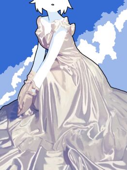 Rule 34 | 1girl, absurdres, black outline, blue sky, chewchewer, close-up, cloud, colored skin, commentary request, dress, eyes out of frame, frilled dress, frills, gloves, head out of frame, highres, long dress, lower body, microsoft paint (medium), nyan (chewchewer), original, outline, parted lips, short hair, sitting, sky, solo, white dress, white gloves, white hair, white skin