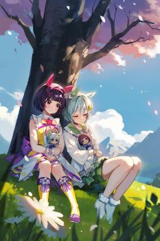 2girls animal_ears ankle_boots aqua_hair baozishark blue_sky boots bow bracelet brown_choker character_doll cherry_blossoms chinese_commentary choker closed_eyes closed_mouth cloud commentary day doll dress ear_covers falling_petals flower full_body fur-trimmed_boots fur_trim grass green_sailor_collar green_shorts grey_boots hair_between_eyes hair_flower hair_ornament hairband highres holding holding_doll horse_ears horse_girl horse_tail jewelry knee_boots long_sleeves multiple_girls nishino_flower_(tiered_petal)_(umamusume) nishino_flower_(umamusume) outdoors petals pink_hairband purple_bow purple_eyes purple_hair sailor_collar seiun_sky_(reeling_in_the_big_one)_(umamusume) seiun_sky_(umamusume) shirt short_hair shorts single_ear_cover sky sleeveless sleeveless_dress smile striped_bow tail tree umamusume under_tree white_shirt wrist_cuffs yellow_boots yellow_flower