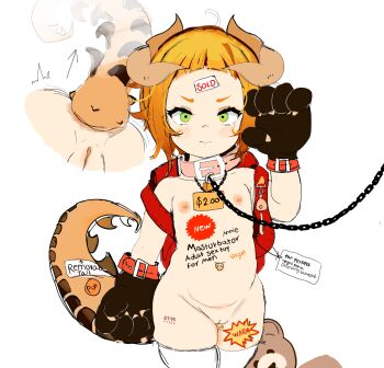 1girl anal_beads anal_tail animal_hands annie_(league_of_legends) backpack bag barcode barcode_tattoo body_writing butt_plug chain cleft_of_venus clitoris_piercing collar english_text fake_tail flat_chest gloves green_eyes highres horns kitsuko_mura league_of_legends leash loli looking_at_viewer multiple_views nipples paw_gloves piercing pink_collar price pussy pussy_piercing randoseru sex_toy simple_background slave solo sticker stuffed_animal stuffed_toy tail tattoo teddy_bear thighhighs uncensored white_background white_thighhighs