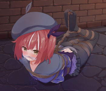 1girl absurdres angry annoyed arms_behind_back ass bdsm between_buttocks between_legs between_thighs black_pantyhose black_skirt blush bondage bound bound_arms bound_legs bound_toes bound_torso breasts breath brick_wall cleavage clothes_lift cobblestone collarbone commission crotch_rope drooling female_focus gag gagged glaring hair_between_eyes hair_ornament hair_ribbon hamuta_(machosbrown) hat highres hogtie improvised_gag long_sleeves medium_hair multicolored_hair original panties pantyhose pleated_skirt ponytail purple_ribbon purple_shirt red_hair ribbon rope saliva saliva_trail shibari shibari_over_clothes shirt side_ponytail sidelocks skeb_commission skindentation skirt skirt_lift small_breasts solo streaked_hair two-tone_hair underwear white_hair white_panties yellow_eyes