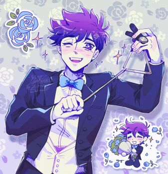 Rule 34 | 1boy, alternate costume, antenna hair, artist collaboration, artist name, black pants, black suit, blue bow, blue bowtie, blush, bouquet, bow, bowtie, bright pupils, chibi, closed eyes, collared shirt, colored skin, commentary, english commentary, flower, formal clothes, hero (headspace) (omori), hero (omori), highres, holding, holding bouquet, holding instrument, instrument, kiisaes, long sleeves, looking at viewer, male focus, omori, one eye closed, open mouth, pants, purple eyes, purple hair, shirt, solo, suit, sweatdrop, teeth, triangle (instrument), upper teeth only, white pupils, white shirt, white skin, zipsunz