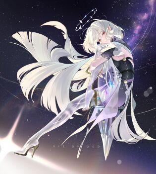 1girl absurdres artist_name breasts chromatic_aberration closed_mouth colored_eyelashes commentary dress english_commentary from_side full_body gradient_clothes gradient_dress grey_hair halo high_heels highres jacket knee_up long_hair looking_to_the_side medium_breasts mornye_(wuthering_waves) mr_goblin panties purple_dress red_eyes see-through_body sitting sky solo space star_(sky) starry_sky tacet_mark_(wuthering_waves) turning_head underwear white_jacket white_panties wuthering_waves