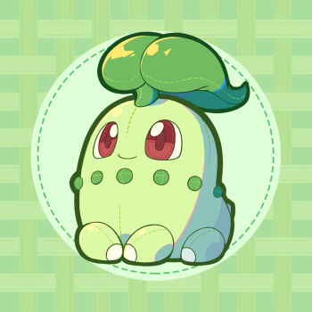 Rule 34 | chikorita, closed mouth, commentary, commentary request, english commentary, full body, gen 2 pokemon, green background, looking ahead, mixed-language commentary, nintendo, no humans, objectification, pluto.m, pokemon, pokemon (creature), red eyes, seams, solo, stuffed toy