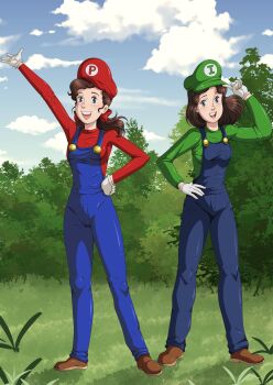 Rule 34 | 1990s (style), 2girls, absurdres, brown hair, cape, cosplay, hair ribbon, hairband, highres, isabel o'sullivan, luigi, luigi (cosplay), mario, mario (cosplay), mario (series), multiple girls, nintendo, overalls, patricia o'sullivan, ponytail, retro artstyle, ribbon, siblings, sisters, smile, super mario bros. 1, the dark mangaka, the twins of st. clare's, tms entertainment, twins
