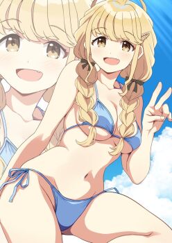 1girl ahoge bikini blonde_hair blue_bikini blue_sky braid breasts brown_eyes cleavage cloud commentary commentary_request fang fujita_kotone gakuen_idolmaster idolmaster long_hair low_twintails medium_breasts navel open_mouth ponzu_rui side-tie_bikini_bottom sky smile solo swimsuit twin_braids twintails v zoom_layer