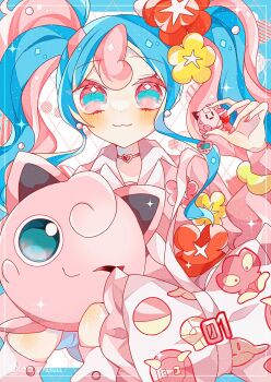 1girl :&gt; :3 blue_eyes blue_hair bow-shaped_bag choker collared_sweater earrings fairy_miku_(project_voltage) flower gen_1_pokemon hair_flower hair_ornament hatsune_miku heart heart_choker highres jewelry jigglypuff long_hair long_sleeves looking_at_viewer multicolored_hair neckerchief nintendo one_eye_closed pink_bag pink_choker pink_hair pink_nails pink_sweater pokemon pokemon_(creature) pokewalker project_voltage red_flower simple_background sweater to_camellia twintails two-tone_hair upper_body virtual_pet_(toy) vocaloid white_background white_neckerchief yellow_flower