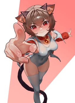 Rule 34 | 1girl, :3, absurdres, ahoge, animal collar, animal ear hairband, animal ears, armpit crease, artist request, bell, black hairband, black tail, blush, breasts, brown hair, cat ear hairband, cat ears, cat girl, cat tail, closed mouth, collar, collarbone, commentary request, commission, covered navel, crossed bangs, fake animal ears, fang, fang out, foot out of frame, hair between eyes, hairband, hand focus, highres, jacket, jingle bell, korean commentary, looking at viewer, mole, mole on breast, mole on thigh, mole under eye, neck bell, off shoulder, one-piece swimsuit, original, pointing, pointing at viewer, prunechi, reaching, reaching towards viewer, red background, red collar, red eyes, red jacket, second-party source, short hair, small breasts, solo, swimsuit, tail, taut clothes, taut swimsuit, thighhighs, two-sided fabric, two-sided jacket, v-shaped eyebrows, white one-piece swimsuit, white thighhighs