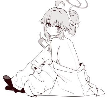 1girl ahoge bare_back blue_archive bright_pupils commentary_request drink_carton hair_bun halo holding holding_drink_carton holding_milk_carton jacket korean_commentary long_hair long_sleeves looking_at_viewer milk_carton monochrome natsu_(band)_(blue_archive) natsu_(blue_archive) official_alternate_costume open_clothes open_jacket single_side_bun solo yusang