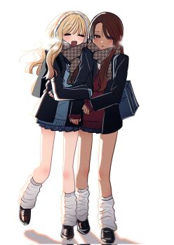 2girls arm_hug bag black_jacket black_shoes black_skirt blazer blonde_hair blue_sweater brown_hair brown_scarf closed_eyes commentary_request corrupted_twitter_file dark-skinned_female dark_skin earmuffs gyaru_to_gyaru_no_yuri highres inoue_koharu jacket long_hair loose_socks multiple_girls open_mouth pleated_skirt red_eyes red_sweater scarf school_bag school_uniform shoes simple_background skirt smile socks sweater taooka_yua watase_reina white_background white_socks