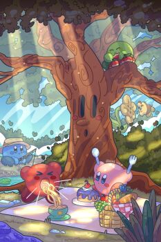 Rule 34 | :o, aimaay, apple, bread, cake, cherry, closed mouth, commentary, food, fork, fruit, grass, highres, holding, holding fork, holding spoon, kirby (series), nintendo, open mouth, smile, spoon, sunlight, tree, whispy woods