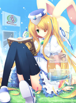 2girls airast arm_support bad_id bad_pixiv_id black_legwear book dress fairy female_focus floating_screen green_eyes green_hair hair_ribbon hat heterochromia highres jewelry logo long_hair mini_person minigirl multiple_girls open_book original personification reading red_eyes ribbon sitting sos_ji sosg suzumiya_haruhi_no_yuuutsu thighhighs twintails