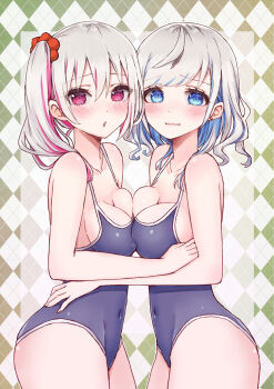 Rule 34 | 2girls, argyle background, asymmetrical docking, blue eyes, blue one-piece swimsuit, blue streaks, blush, breast press, breasts, choppy bangs, closed mouth, collarbone, commentary request, covered navel, cowboy shot, dot nose, earrings, embarrassed, from side, gradient background, grey hair, hair between eyes, hair ornament, hair scrunchie, hand on another's arm, hand on another's hip, highres, jewelry, lin oekaki, long bangs, long hair, looking at viewer, looking to the side, medium breasts, medium hair, multicolored hair, multiple girls, one-piece swimsuit, original, pink eyes, pink streaks, red scrunchie, scrunchie, side ponytail, standing, streaked hair, stud earrings, swept bangs, swimsuit, turning head, variant set, very long hair, wavy mouth