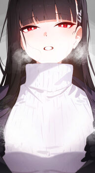 1girl absurdres black_gloves black_hair black_jacket blue_archive blunt_bangs blush breasts gloves hair_behind_ear highres jacket large_breasts long_hair looking_at_viewer parted_lips pyytato red_eyes rio_(blue_archive) solo steaming_body sweater turtleneck turtleneck_sweater white_sweater