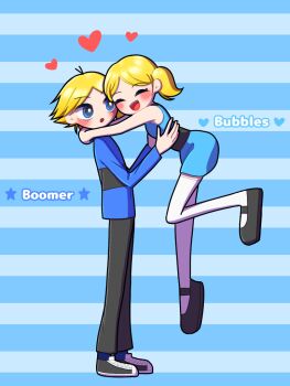1boy 1girl aged_up antenna_hair arms_around_neck arms_up black_pants blonde_hair blue_background blue_dress blue_eyes blue_shirt blue_socks blush boomer_(ppg) bubbles_(ppg) commentary dress dress_shoes english_text floating full_body happy heart levitation long_sleeves open_mouth pants parapara-yankee parted_bangs powerpuff_girls rowdyruff_boys shirt shoes sleeveless smile sneakers socks standing striped_background striped_clothes surprised text_background thighhighs twintails white_thighhighs