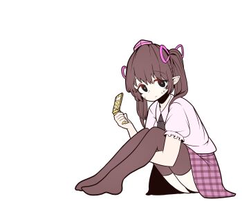 Rule 34 | 1girl, absurdres, black eyes, brown hair, brown thighhighs, cellphone, checkered clothes, checkered skirt, closed mouth, commentary request, flip phone, from side, full body, hair ribbon, hat, hh, highres, himekaidou hatate, holding, holding phone, hugging own legs, long hair, looking at viewer, no shoes, phone, pink hat, pink ribbon, pink shirt, pointy ears, purple skirt, ribbon, shirt, short sleeves, simple background, sitting, skirt, solo, thighhighs, tokin hat, touhou, white background