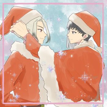 2boys asagiri_gen asymmetrical_hair belt black_eyes black_hair brown_belt cape capelet christmas closed_mouth commentary_request dr._stone eye_contact fur-trimmed_capelet fur-trimmed_headwear fur_trim grey_hair hat implied_yaoi ishigami_senkuu jacket kozue0100 long_sleeves looking_at_another male_focus multicolored_hair multiple_boys profile red_capelet red_eyes red_jacket santa_costume santa_hat short_hair smile snowflakes sparkle two-tone_hair upper_body yaoi