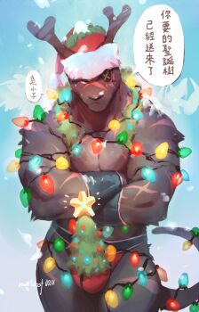 1boy absurdres antlers bara biceps broad_shoulders bulge christmas christmas_tree cowboy_shot crossed_arms deer_antlers eyepatch facial_scar fake_antlers furry furry_male hat highres horns large_pectorals male_focus male_underwear muscular muscular_male null-ghost original panther_boy panther_tail pectorals red_eyes red_male_underwear santa_hat scar scar_on_arm scar_on_cheek scar_on_chest scar_on_face scar_on_shoulder snow solo star_(symbol) string_of_light_bulbs sweatdrop tail thick_arms thick_thighs thighs topless_male translation_request underwear wristband