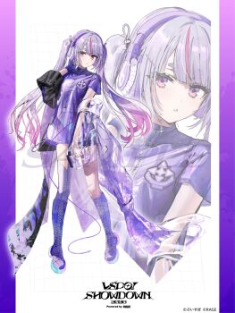 Rule 34 | 1girl, arm behind head, boots, floating hair, full body, gloves, hand up, highres, knee boots, long hair, looking at viewer, multicolored hair, official art, pink hair, purple boots, purple gloves, purple hair, second-party source, single glove, solo, standing, streaked hair, thick eyebrows, tosaki mimi, twintails, very long hair, virtual youtuber, vspo!, vspo! showdown, wata (attaka towel), zoom layer
