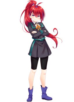 1girl bike_shorts black_eyes black_skirt boots crossed_arms full_body girlfriend_(kari) jacket looking_at_viewer miniskirt multicolored_hair neck_ribbon official_art orange_ribbon purple_boots qp:flapper red_hair ribbon school_uniform shirt simple_background skirt solo sorimachi_botan streaked_hair thighs transparent_background white_shirt