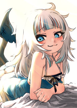 1girl bare_shoulders blue_dress blue_eyes breasts clothing_request dress fins fish_tail gawr_gura highres hololive shark_tail small_breasts superfann tail white_hair