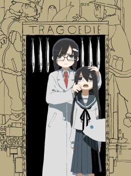 4girls absurdres arms_at_sides black_eyes black_hair black_ribbon blue_sailor_collar blue_skirt chito_(shoujo_shuumatsu_ryokou) closed_mouth collared_shirt fish fish_hair_ornament glasses hair_between_eyes hair_ornament highres lab_coat long_hair long_sleeves looking_at_viewer multiple_girls mushroom_on_head neck_ribbon necktie open_mouth pleated_skirt red_necktie ribbon sailor_collar school_uniform serafuku shimeji_simulation shirt shitokoko shoujo_shuumatsu_ryokou skirt standing tsukishima_shijima tsukishima_shijima&#039;s_sister white_shirt yuuri_(shoujo_shuumatsu_ryokou)