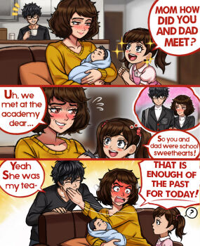 1boy 1other 2girls age_difference amamiya_ren baby black_hair black_shirt blush brown_eyes brown_hair carrying carrying_baby carrying_person child commentary english_commentary english_text father_and_child father_and_daughter hair_between_eyes highres if_they_mated imagining kawakami_sadayo long_sleeves mother_and_child mother_and_daughter multiple_girls neggoartz notice_lines parent_and_child persona persona_5 school_uniform shirt shuujin_academy_school_uniform smile speech_bubble yellow_shirt