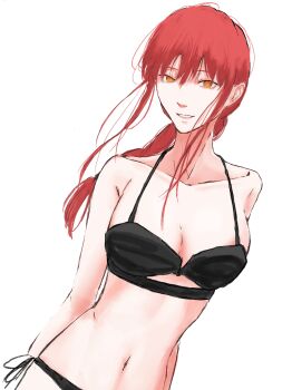 1girl absurdres arms_behind_back bikini black_bikini braid braided_ponytail breasts chainsaw_man cleavage clenched_teeth collarbone commentary_request highres large_breasts long_hair looking_at_viewer makima_(chainsaw_man) nabe92213 navel red_hair ringed_eyes side-tie_bikini_bottom simple_background solo swimsuit teeth white_background yellow_eyes