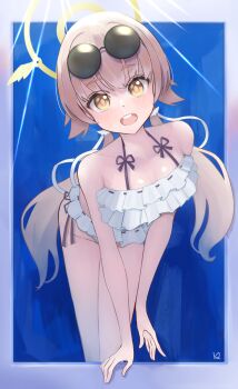 Rule 34 | 1girl, bikini, blue archive, eyewear on head, frilled bikini, frills, hair ornament, halo, hifumi (blue archive), hifumi (swimsuit) (blue archive), highres, light brown hair, looking at viewer, low twintails, off-shoulder bikini, off shoulder, official alternate costume, outside border, ribbon-trimmed bikini, ribbon-trimmed swimsuit, ribbon trim, round eyewear, side-tie bikini bottom, smile, solo, sunglasses, swimsuit, teeth, twintails, upper teeth only, van epi, white bikini, wing hair ornament, winged halo, yellow halo