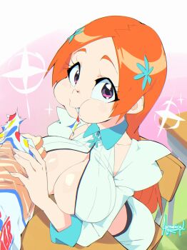 1girl absurdres aetherion artist_name bleach bleach:_sennen_kessen-hen bread bread_slice breasts chair chromatic_aberration cleavage_cutout clothing_cutout desk detached_sleeves eating eating_non-food food full_mouth hair_ornament highres inoue_orihime juliet_sleeves large_breasts long_hair long_sleeves looking_at_viewer looking_to_the_side orange_hair puffy_sleeves purple_eyes school_chair school_desk simple_background sitting solo wonder_bread wonder_bread_fetish_(murrlogic1)