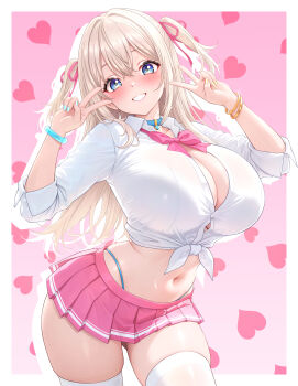 1girl amesuku_gyaru blonde_hair blue_eyes blue_panties blush breasts collared_shirt commentary_request cowboy_shot double_v gyaru hair_ribbon hands_up heart highres indie_virtual_youtuber kogal large_breasts long_hair looking_at_viewer macoto_(vtuber) miniskirt navel panties pink_background pink_ribbon pink_skirt pleated_skirt ribbon shirt skirt smile solo stomach studiopokotan thighhighs underwear v white_shirt white_thighhighs