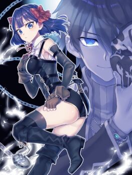 1boy 1girl armpits ass bad_link black_footwear black_shorts black_sleeves blue_eyes blue_hair boots bow breasts closed_mouth dark_blue_hair detached_sleeves hair_bow holding holding_mask krai_andrey looking_at_viewer margarett_loftea mask mask_pull nageki_no_bourei_wa_intaishitai neck_ribbon red_bow red_ribbon ribbon shirt shorts sleeveless sleeveless_shirt small_breasts thigh_boots thighs tino_shade