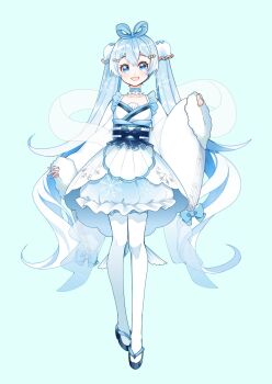 1girl aqua_eyes aqua_hair breasts collarbone commentary_request full_body fur-trimmed_kimono fur_trim hair_between_eyes hair_rings hatsune_miku highres japanese_clothes kimono light_blush long_hair long_sleeves masumofu musical_note musical_note_print musical_staff musical_staff_print open_mouth sandals sleeves_past_wrists small_breasts smile snowflake_print solo thighhighs twintails very_long_hair vocaloid white_thighhighs wide_sleeves yuki_miku