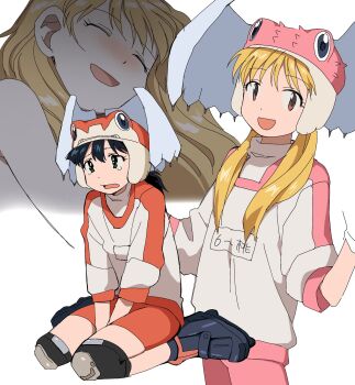 2girls 4zw89qkqagggcf7 alien_nine between_legs black_hair blonde_hair borg_(alien_nine) closed_eyes commentary crying hand_between_legs highres knee_pads looking_at_viewer looking_to_the_side multiple_girls multiple_views ootani_yuri open_mouth red_shirt red_shorts roller_skates seiza shirt shorts sitting skates standing tears tomine_kasumi twintails two-tone_shirt white_shirt