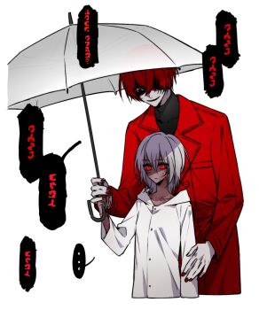 Rule 34 | 1boy, 1girl, 777054, adashino adami, chinese commentary, chinese text, coat, commentary request, glowing, glowing eyes, grey hair, highres, holding, holding umbrella, homicipher, looking at another, mr. scarletella, raincoat, red coat, red eyes, red hair, shaded face, short hair, simple background, translation request, umbrella, white background