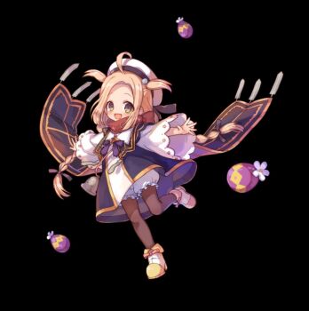 1girl :d ahoge black_background black_pantyhose black_ribbon bloomers blush braid brown_eyes brown_hair child collared_dress dress flat_chest full_body hair_ribbon hat highres long_hair long_sleeves looking_at_viewer merc_storia merc_storia_art_team nonno_(merc_storia) official_art open_mouth outstretched_arms pantyhose red_scarf ribbon scarf shoes sidelocks simple_background smile solo spread_arms spread_fingers standing standing_on_one_leg tachi-e twin_braids two_side_up underwear white_hat wide_sleeves yellow_shoes