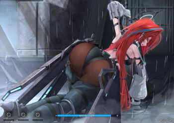 Rule 34 | 1girl, arknights, arknights: endfield, ass, black bodysuit, blue hair, bodysuit, breasts, commentary request, ember (arknights), gloves, grey gloves, halo, high heels, highres, hip gear, large breasts, leotard over bodysuit, long hair, looking at viewer, multicolored hair, orange eyes, rain, red hair, solo, streaked hair, yeosi